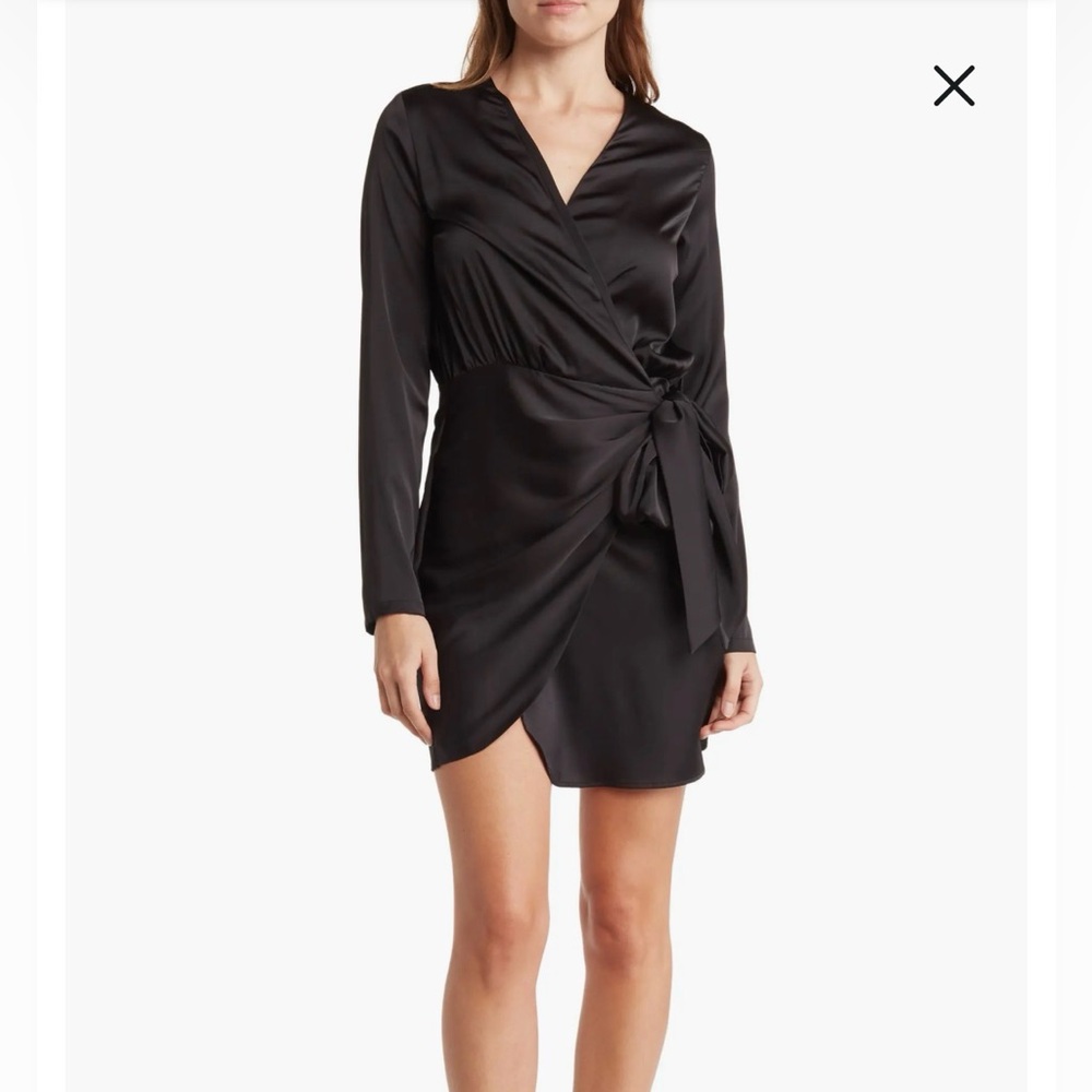 Bonheur D’amour Elegant Black Satin Wrap Dress L